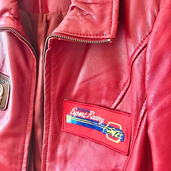 Red leather biker jacket vintage racing varsity patches moto motorcycle … - Picture 10 of 11